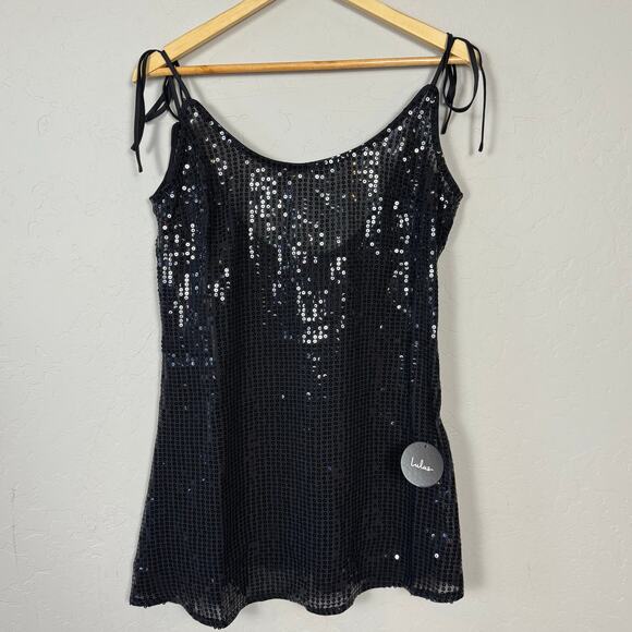 Lulus Black Sequin Tie Shoulder Sheer Top NWT Women's Medium NYE Party Holiday - Picture 1 of 11